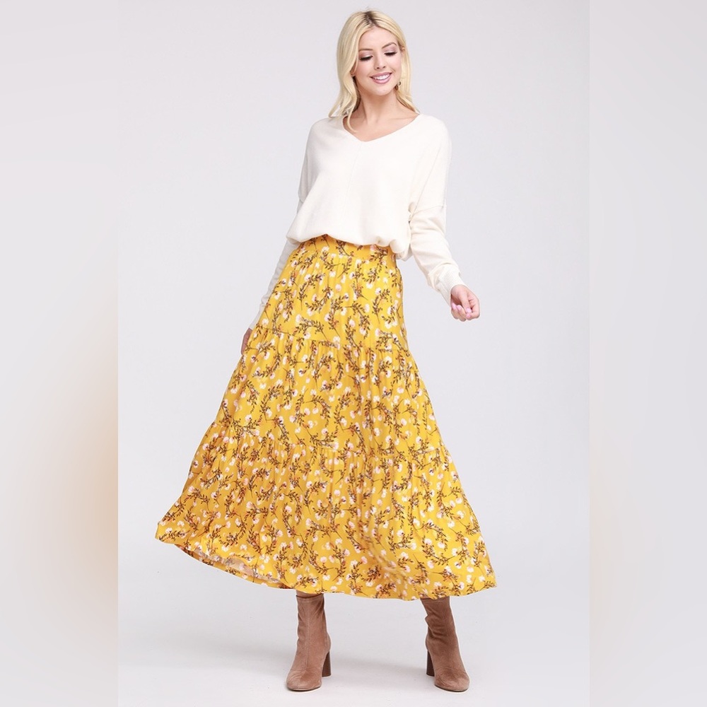 Yellow Floral High Waisted Maxi Skirt
